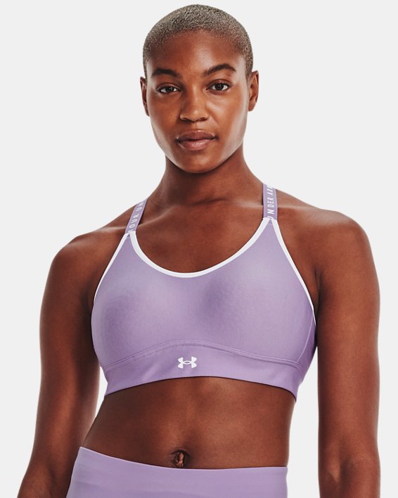Women's UA Infinity Mid Heather Cover Sports Bra in Purple image number 2